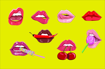 Icon set with red lips, woman emotion and pout. Cherry, candy, chili and caramel in the mouth. Sexy, flirting and 
tempting pink lips. lollipop.