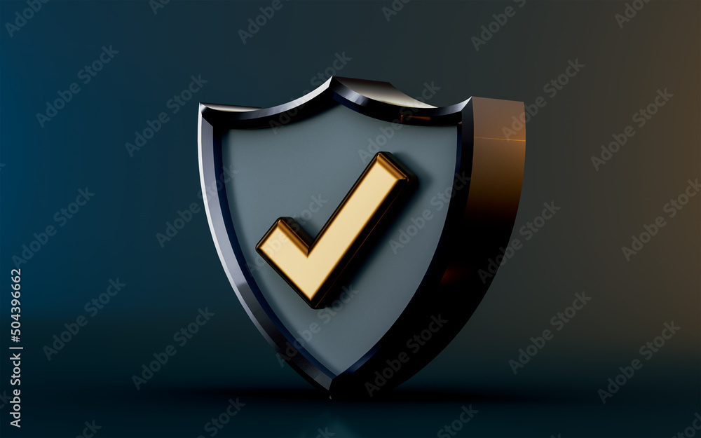 Poster security shield check mark icon on dark background 3d render concept for safe protection approved
