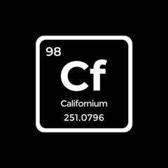 Californium periodic table element Cf atom white vector icon sign with atomic and mass number isolated on black background. Chemical element symbol