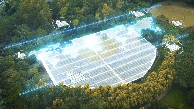 Top view drone shot of solar panel field with digital hologram map of the earth. Concept green, clean energy to power the planet