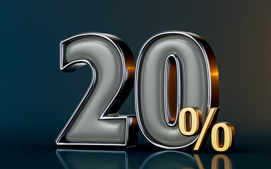 20 percent discount mega sell offer glass effect on dark background 3d render concept for shopping