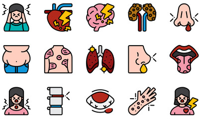 Set of Vector Icons Related to Diseases. Contains such Icons as Gastric Reflux, Glossitis, Headache, Heart Disease, Obesity, Hordeolum and more.