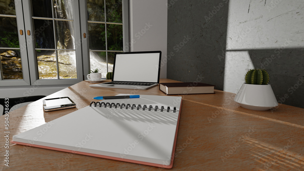 Poster laptop blank screen on table at home. 3d rendering