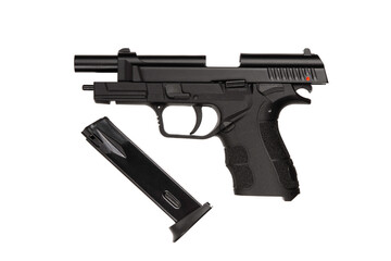 Modern semi-automatic pistol isolate on a white background. Armament for the army and police....