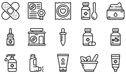 Set of Vector Icons Related to Pharmacy. Contains such Icons as Band Aid, Cough, Cream, Drugstore, Fish Oil, Inhaler and more. - obrazy, fototapety, plakaty