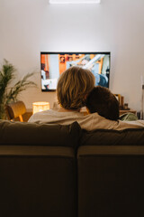 Young gay couple hugging and resting on couch while watching tv - obrazy, fototapety, plakaty