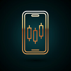 Gold line Mobile stock trading concept icon isolated on dark blue background. Online trading, stock market analysis, business and investment. Vector