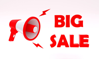 3d illustration, bicolor megaphone, and words big sale in red on a white background, 3d rendering