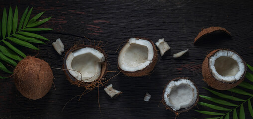 Fototapeta na wymiar Coconut milk and coconut flakes are tropical foods