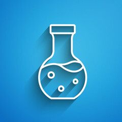 White line Test tube and flask chemical laboratory test icon isolated on blue background. Laboratory glassware sign. Long shadow. Vector