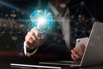 businessman Connection to the global network.The notion of big data analytics and business intelligence.Global business point and line composition concept on a world map.Digital connection technology.