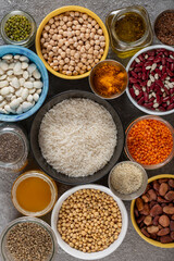 Legumes and greens are a source of vegetable protein and vitamins. Vegetarian food.