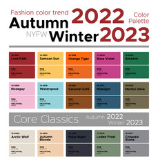 Fashion color trends Autumn Winter 2022-2023. Palette fashion colors guide with named color swatches, RGB, HEX colors