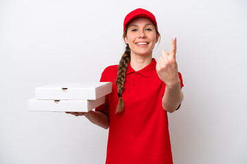pizza delivery woman with work uniform picking up pizza boxes isolated on white background doing...