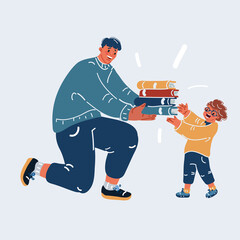 Vector illustration of man offering stack of books to little student boy.