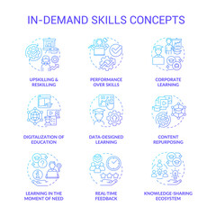 In demand skills blue gradient concept icons set. Upskilling and reskilling idea thin line color illustrations. Corporate learning. Isolated symbols. Roboto-Medium, Myriad Pro-Bold fonts used