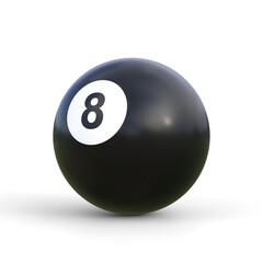 Billiard ball number eight black color isolated on white background. Realistic glossy snooker ball. 3D rendering 3D illustration