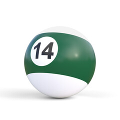 Billiard ball number fourteen in green and white color, isolated on white background. Realistic glossy billiard ball. 3d rendering 3d illustration