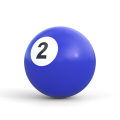 Billiard ball number two blue color isolated on white background. Realistic glossy snooker ball. 3D rendering 3D illustration