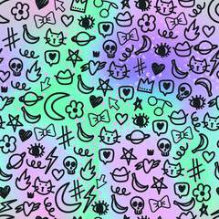 Seamless pattern with doodle moon, cat, banana, lips, fire, eyes, planet, flowers, hearts and other elements. background for textile, fabric, stationery,clothes, stationery,web and other designs.