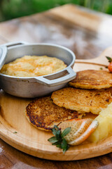 Delicious breakfast with egg and corn cake