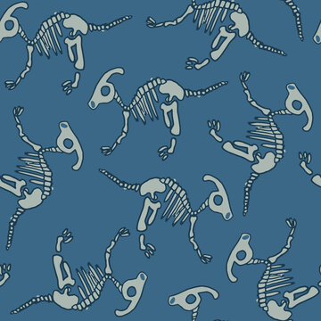 Seamless pattern with Parasaurolophus skeleton. Background for textile, fabric, stationary, wear, clothes, web and other design.