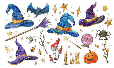 Set with magic hats. Watercolor illustration of a witch hats, bat,pumpkin and stars . Halloween set for original design.