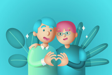 Couple of gay men embracing. Lgbt men in love. 3D illustration in vector.
