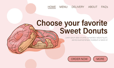 Vector background illustration of donuts. Sweets concept, sweets shop, bakery. Vector illustration for banner, poster, website, advertising.