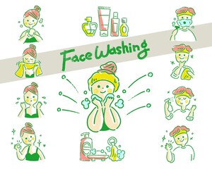 Obraz na płótnie Canvas 洗顔する男女のイラストセット