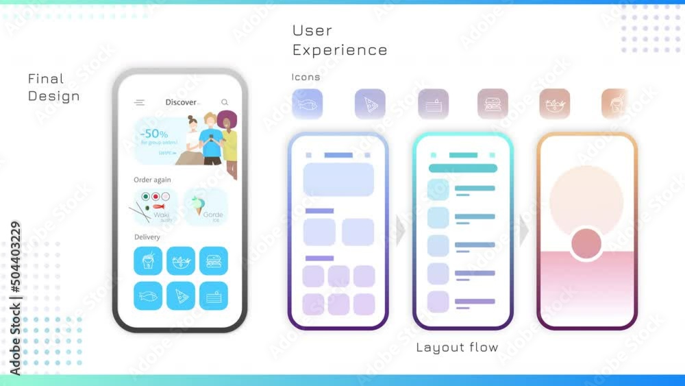 Fototapete Mobile User Experience Mock-up with a Demo of a Generic Food Delivery Service App. Keynote Slides with White Background and Blue Texts and Charts. Template for Computer Displays.