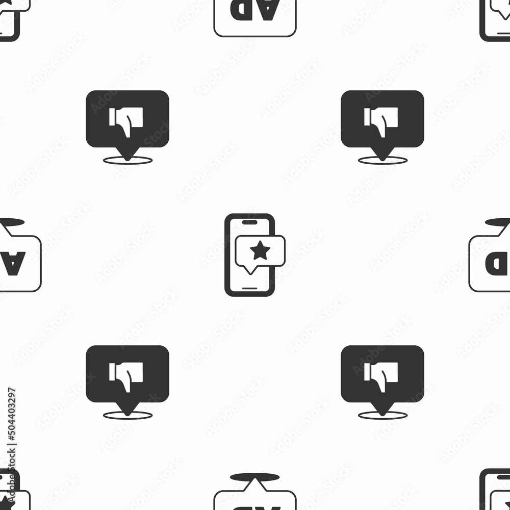 Poster set advertising, mobile with review rating and dislike speech bubble on seamless pattern. vector