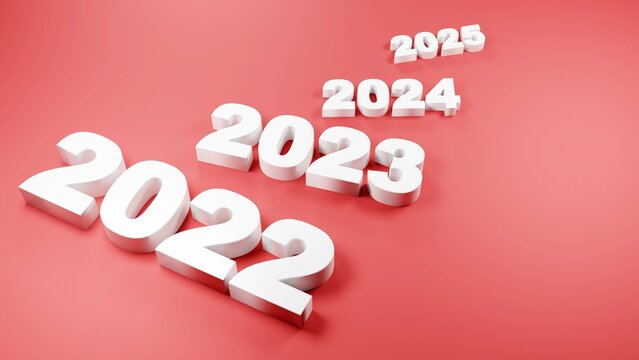 White numerical dates of the year 2022, 2023, 2024, 2025, on a pink background. Numbers decrease as the date increases. 3D render.