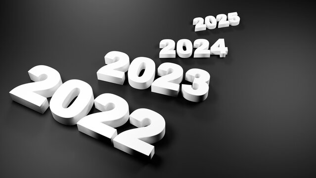 White numerical dates of the year 2022, 2023, 2024, 2025, on a black background. Numbers decrease as the date increases. 3D render.