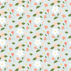 Seamless pattern with apple flowers and leaves