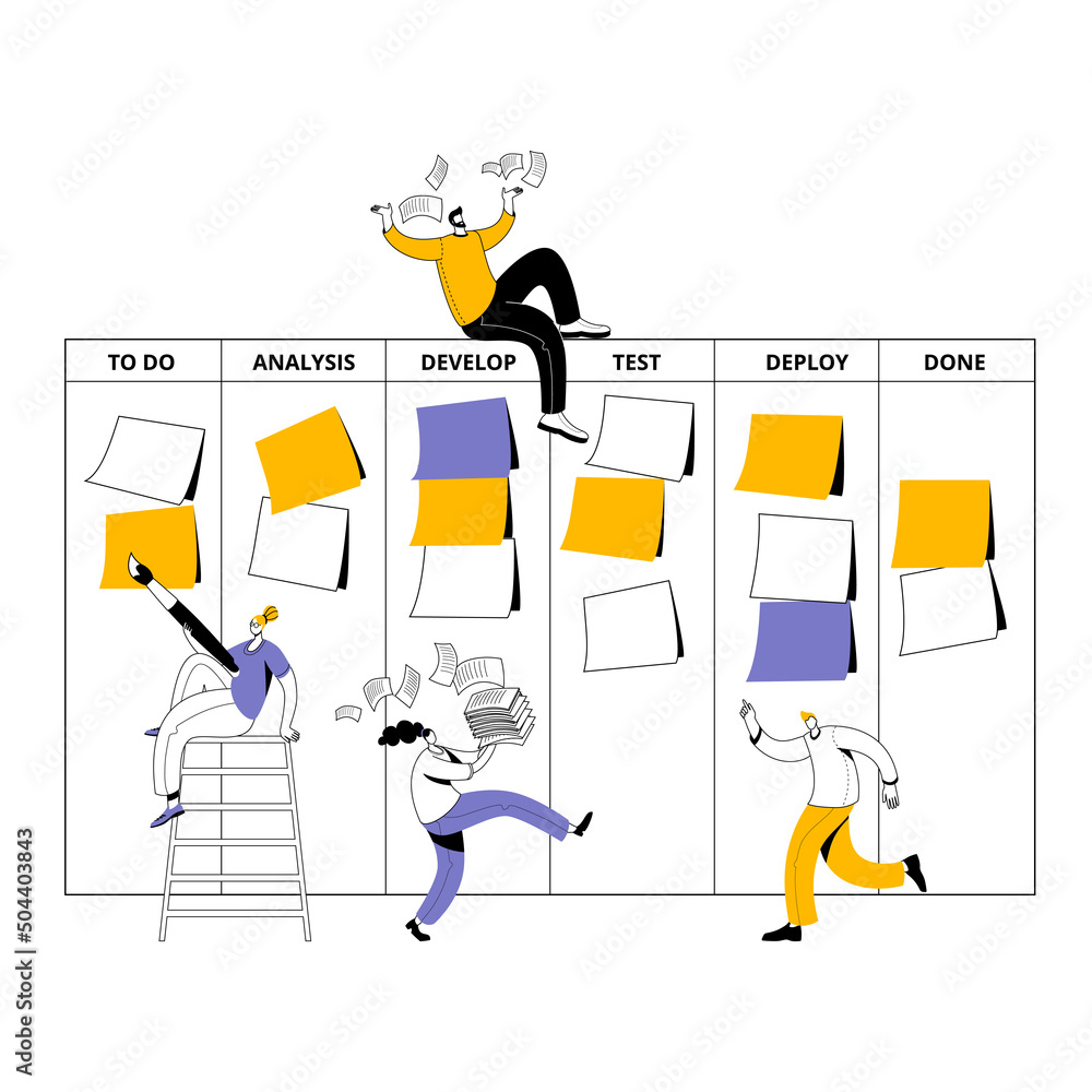 Poster the development team is bustling around the kanban board. vector illustration on the topic of agile 