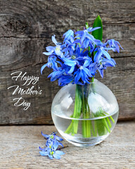 Happy Mother's Day greeting card with blue scilla spring flowers bouquet in a glass vase on old wooden background.Selective focus.	