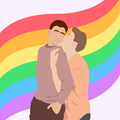 Poster for pride month with gay couple and lgbt flag (rainbow) on background	