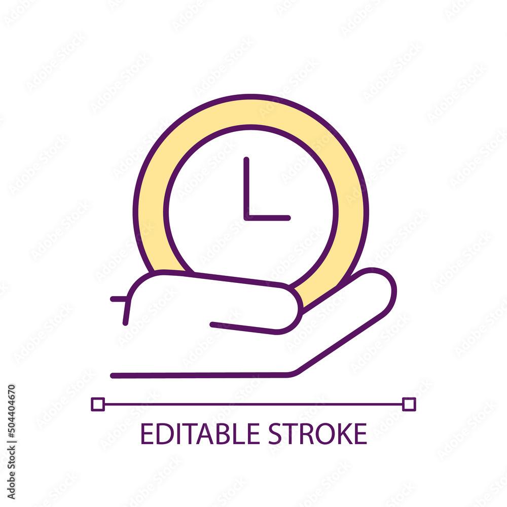 Poster Hand holding clock RGB color icon. Time management process. Instrument to measure time period. Isolated vector illustration. Simple filled line drawing. Editable stroke. Arial font used