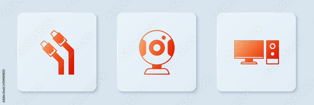 Poster set web camera, lan cable network internet and computer monitor. white square button. vector