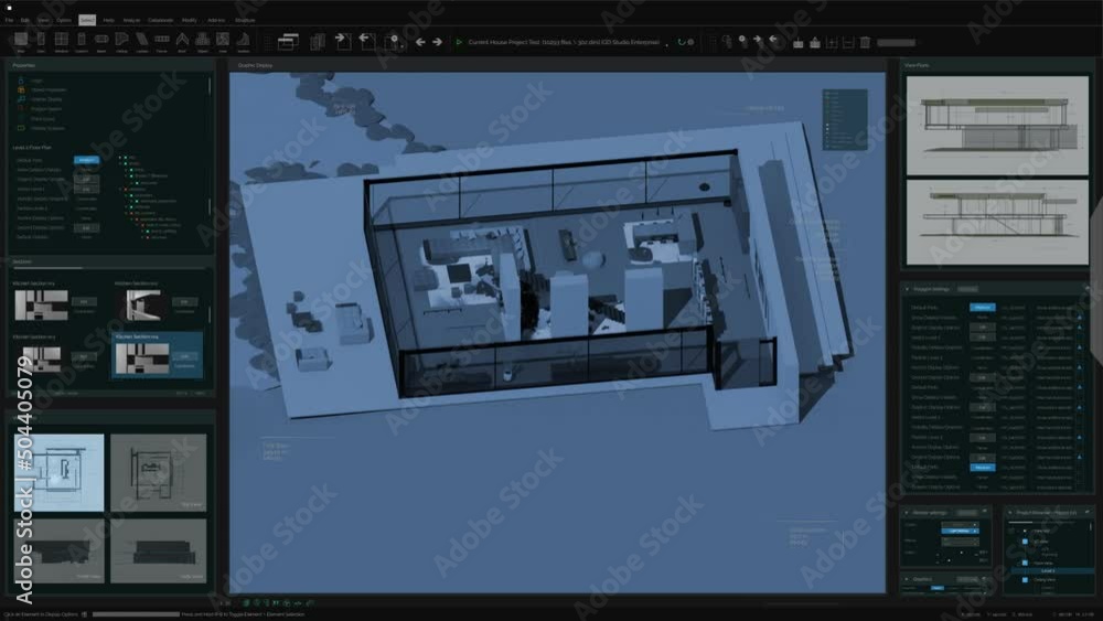 Poster Architecture 3D Software Mock-up Animation with Private Country House Project with Interior Design. Dark Night Mode Overview Interface Template for Computer Displays and Laptop Screens.