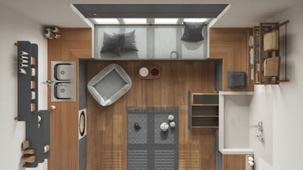 Pet friendly modern gray and wooden laundry room, mudroom with cabinets and equipment. Dog shower bath with ladder, dog bed and carpet. Top view, plan, above. Interior design concept