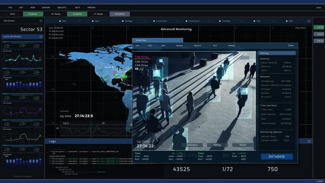 Surveillance CCTV Video Footage with Face Recognition Functionality. High-Tech Security and Data Protection Police Department Mock-up. Template for Computer Displays and Laptop Screens.