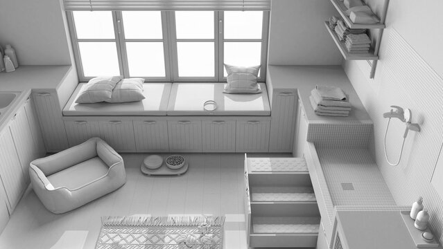 Total white project draft, mudroom, scandinavian laundry room, space devoted to pet with window and sofa, dog bed, dog bath shower with ladder. Top view, above, interior design