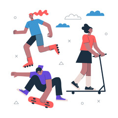 Young people active lifestyle extreme sport set. Girls roller skating and riding kick scooter. Guy skateboard trick. Hipster active lifestyle. Skateboarding and scootering. Rollerblading vector eps © Azat Valeev
