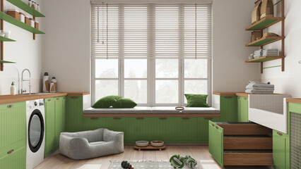 Space devoted to pet, scandinavian laundry room, wooden and green mudroom with window and sofa, dog bed, dog bath shower with ladder, accessories, shelves with food. Interior design