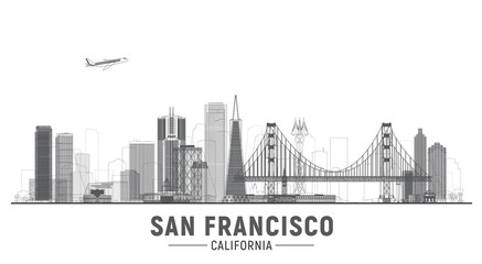 Naklejka premium San Francisco California line city skyline vector lines illustration. Background with city panorama on a blue sky. Travel picture.