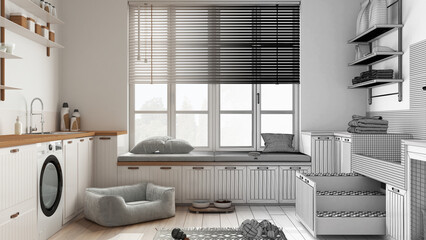 Architect interior designer concept: hand-drawn draft unfinished project that becomes real, space devoted to pet, laundry room, dog bed, dog bath shower with ladder, accessories