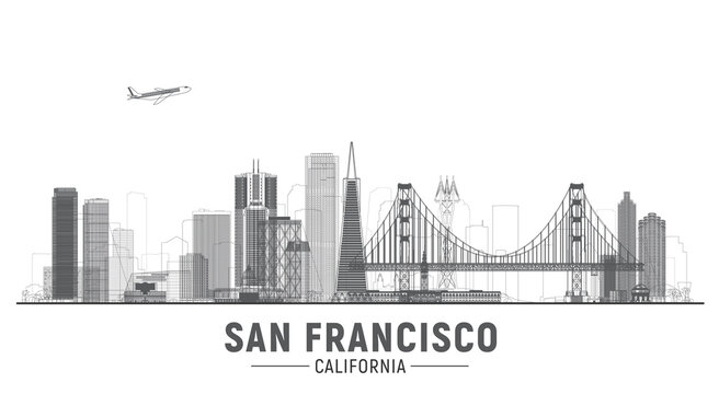 San Francisco California line city skyline vector lines illustration. Background with city panorama on a blue sky. Travel picture.