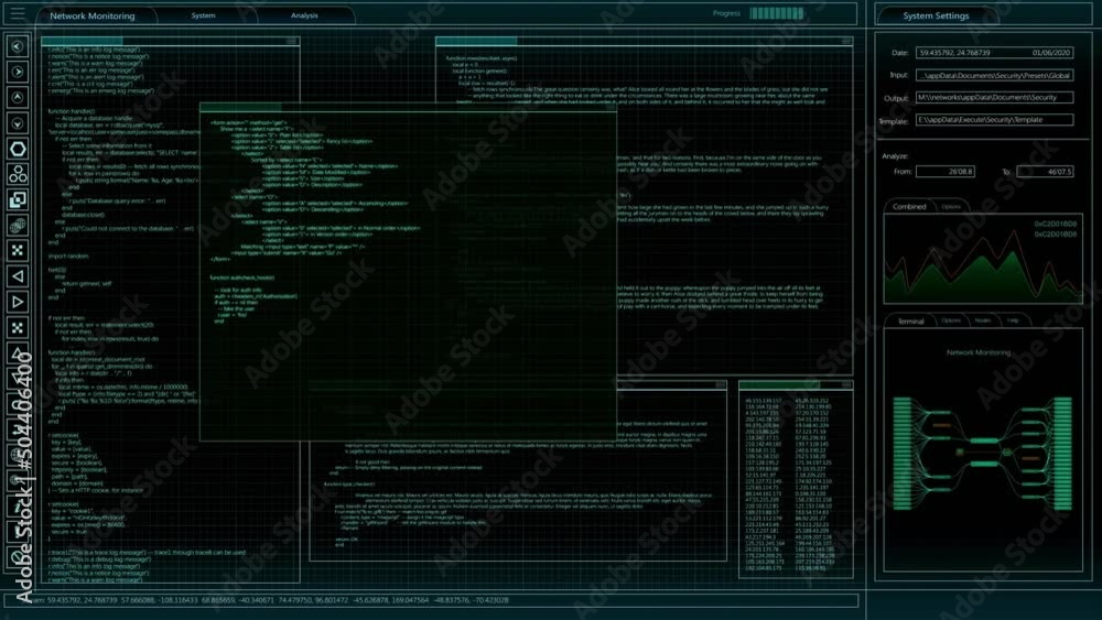 Fototapete Software Backend Mock-up with Software Loading Screen Animation. Dark Project Monitoring Interface with Multiple Windows. Template for Computer Displays and Laptop Screens.